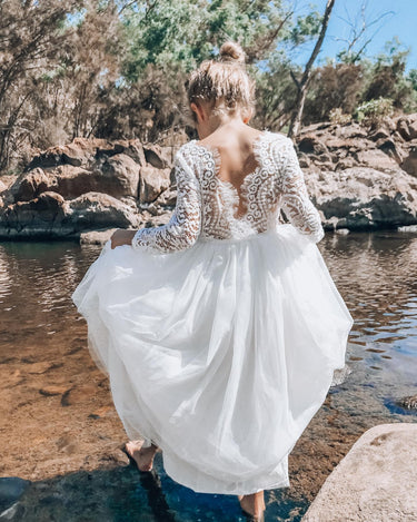 Girls Swan White Long Sleeve Lace Back Flower Girl Dress
