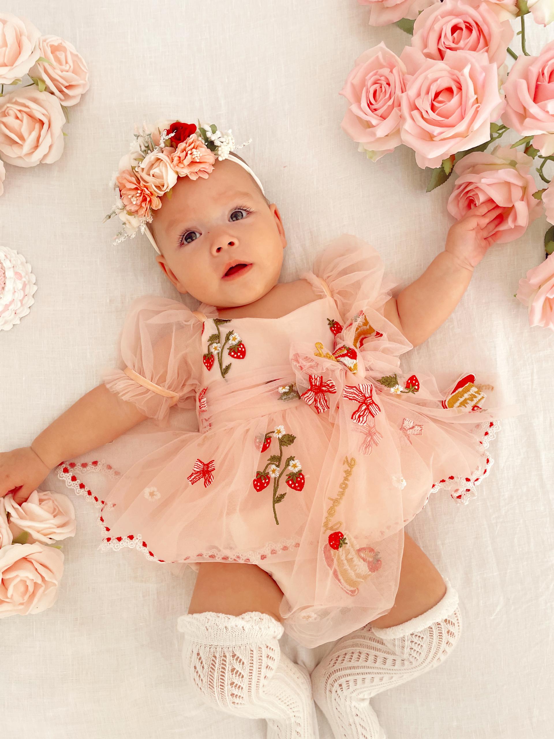 Strawberry Fields Pink Baby Girl Tulle Dress Romper - Special Occasion Arabella & Rose Strawberry Fields Pink Baby Girl Tulle Dress Romper - Special Occasion Arabella & Rose
