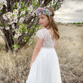 Girls White Magnolia Capped Sleeve Lace Back Flower Girl Dress