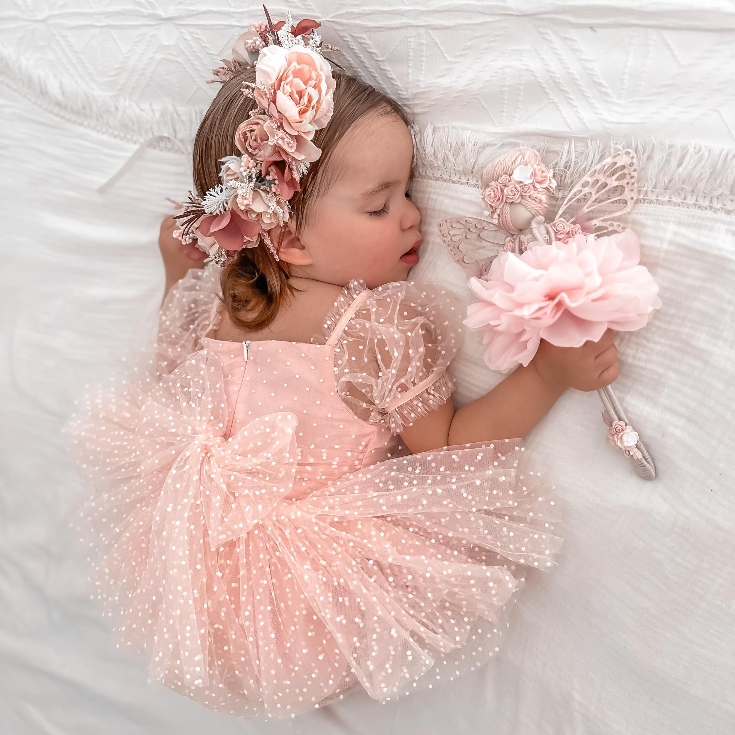 baby girl tulle dress Swiss Dot Pink Rose Flower Fairy Baby Girl Tulle Party Romper – Arabella & Rose