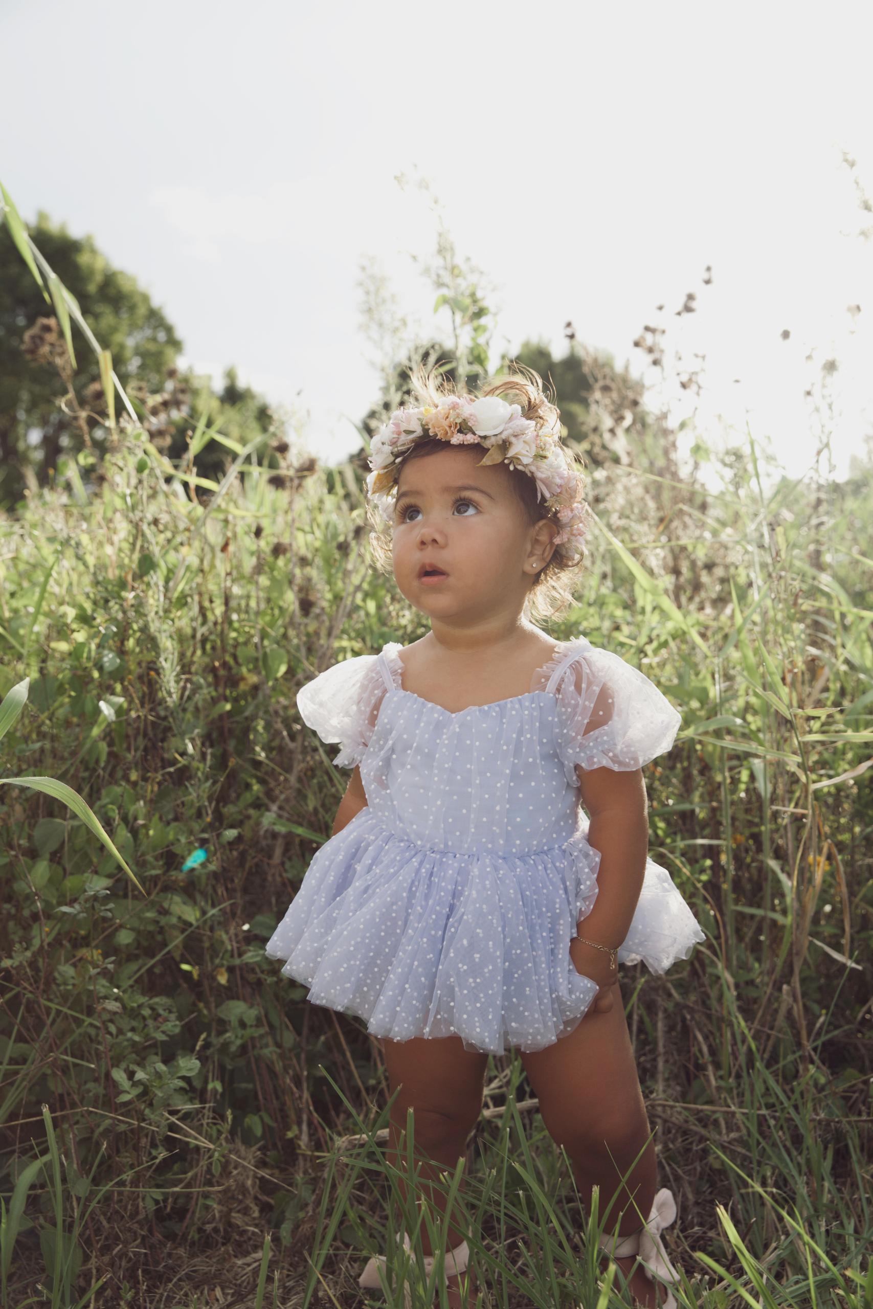 Swiss Dot Flower Fairy Romper - Periwinkle