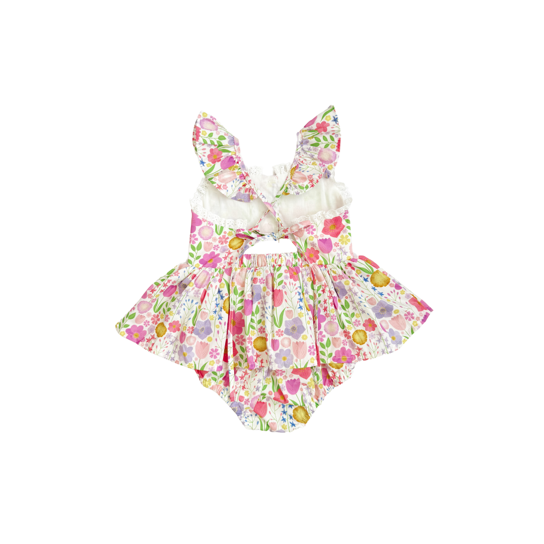 Flower Rumpers Flower Fields Baby Girl Pink Floral Dress Romper – Bright Florals & Bow ...