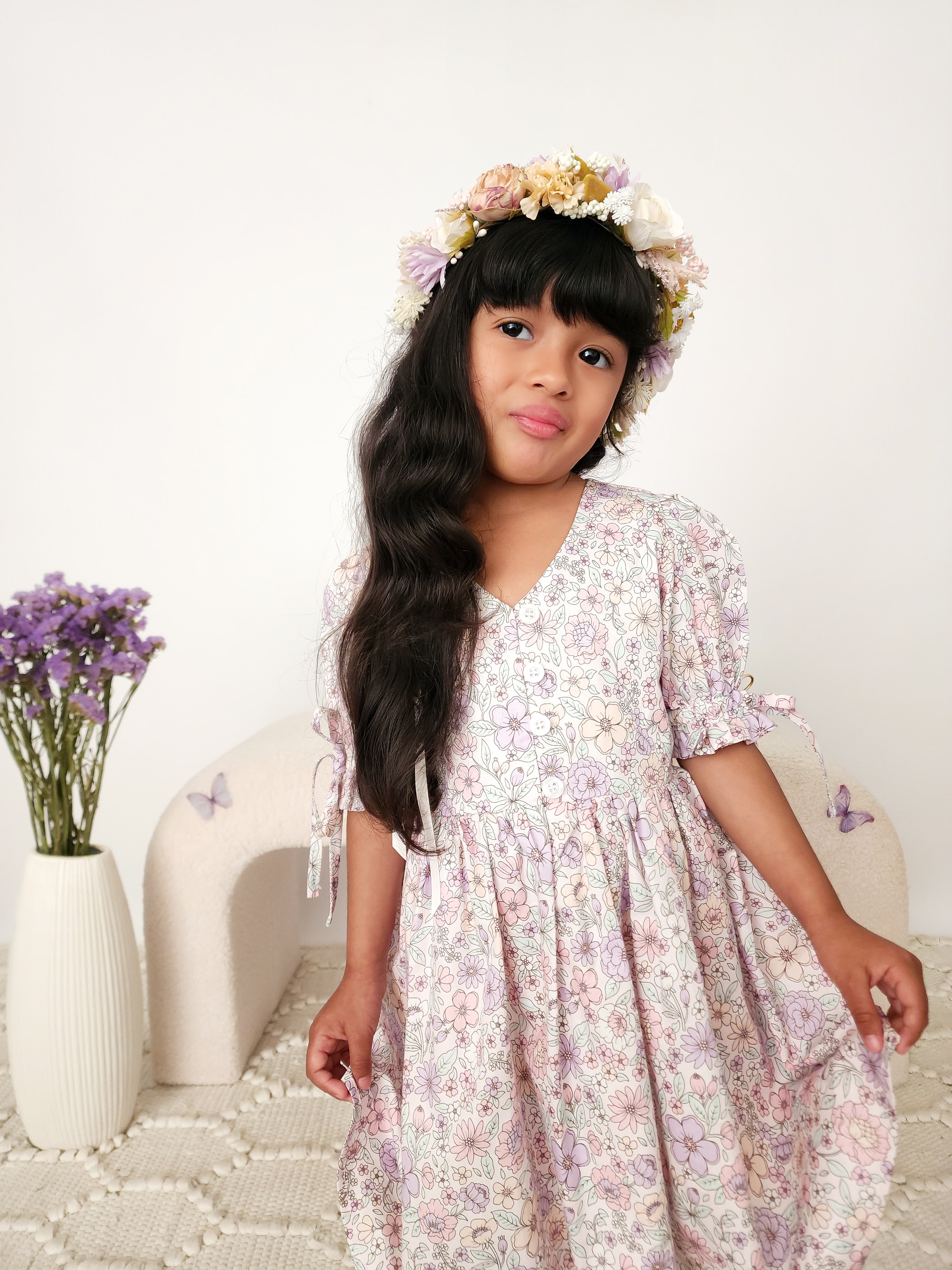 Violet Girls Floral Lavender Dress – Pastel Florals with Puff Sleeves