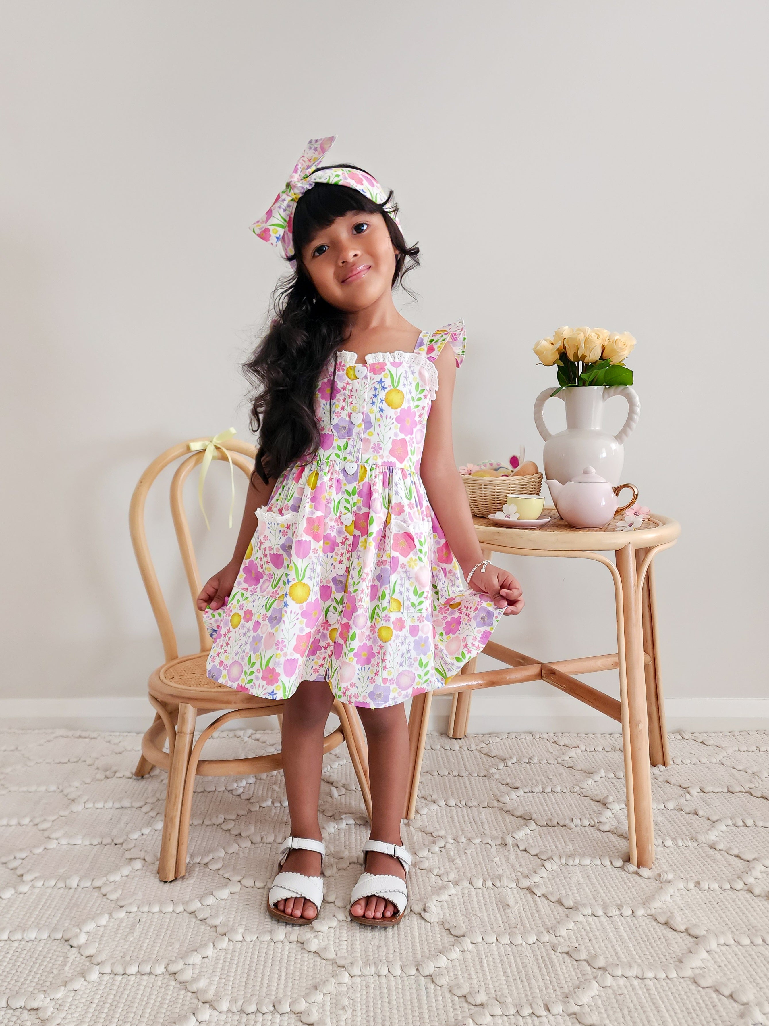 Flower Fields Girls Pink Floral Dress – Bright Floral Print & Lace