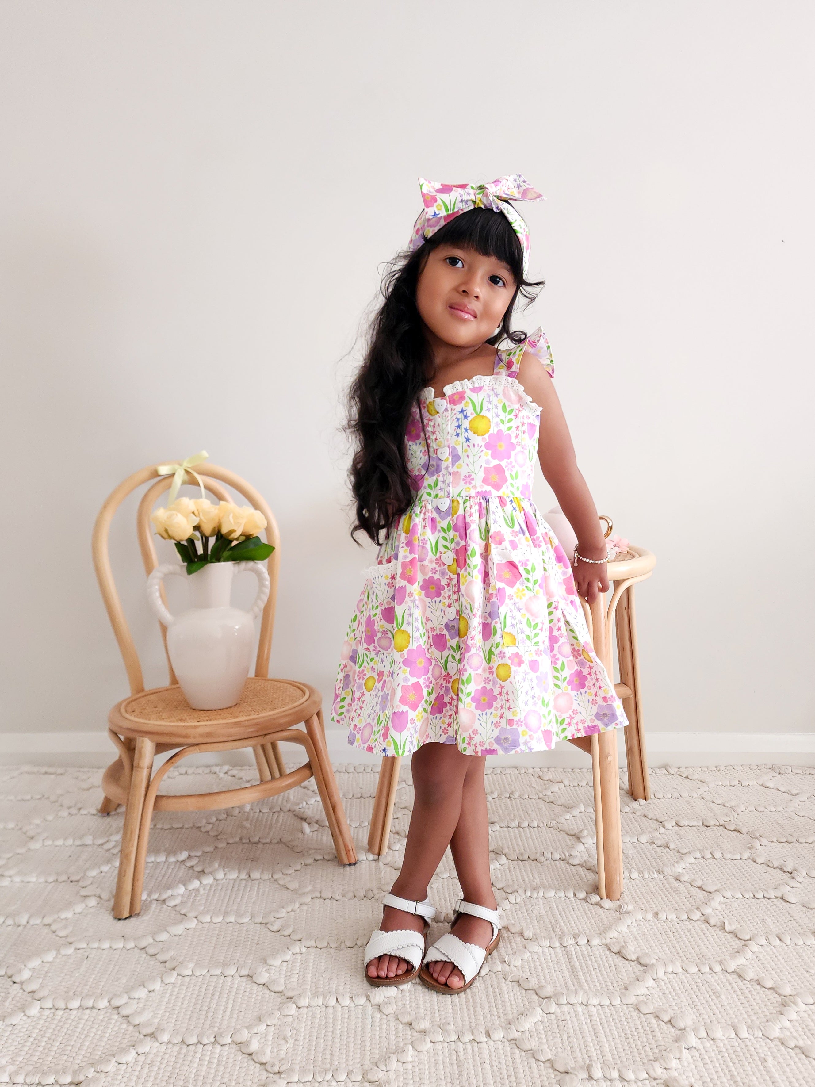 Flower Fields Girls Pink Floral Dress – Bright Floral Print & Lace