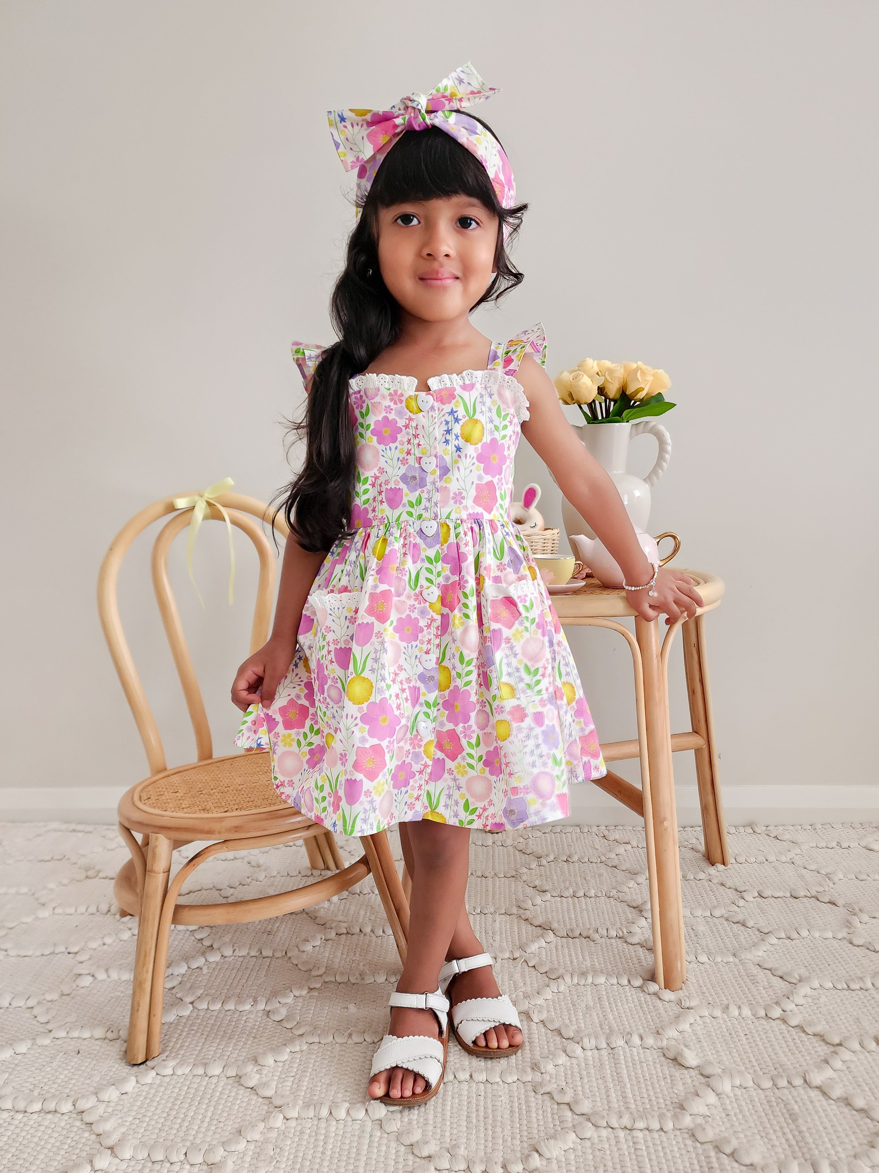 Flower Fields Girls Pink Floral Dress – Bright Floral Print & Lace