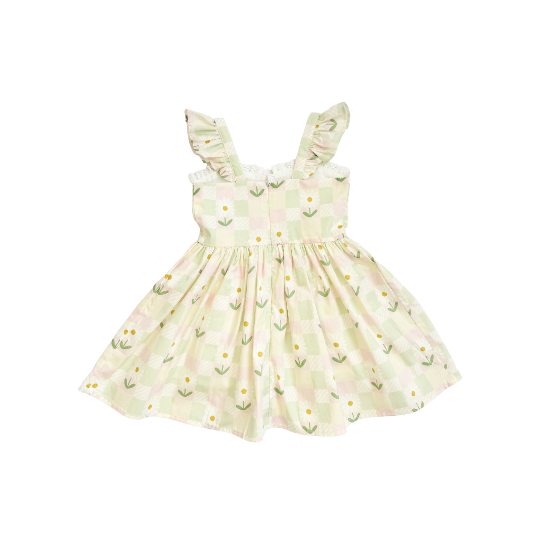 Juni Daisy Girls Floral Green Dress – Sweet Checkered Print & Lace