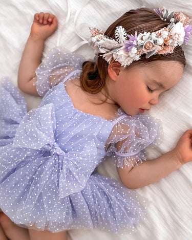 Swiss Dot Periwinkle Flower Fairy Baby Girl Tulle Dress Romper Arabella & Rose Swiss Dot Periwinkle Flower Fairy Baby Girl Tulle Dress Romper Arabella & Rose