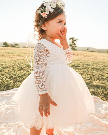 Giselle White Lace Back Dress Aubrielle Flower Crown