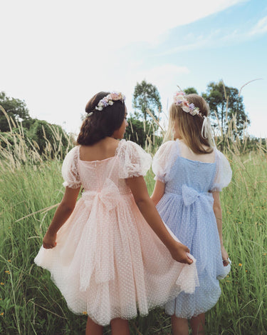 Swiss Dot Gardenia Dress - Pink Rose and Periwinkle