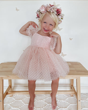 Swiss Dot Pink Rose Gardenia Flower Girl Tulle Dress Special