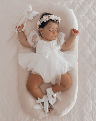 White Flower Fairy Baby Girl Tulle Dress Romper - Special Occasion 00 White Flower Fairy Baby Girl Tulle Dress Romper - Special Occasion 00