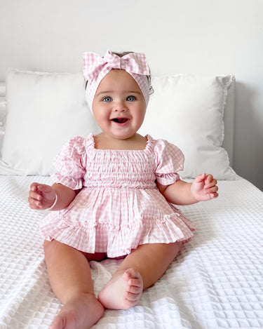 baby girl pink gingham dress Frankie June Baby Girl Pink Gingham Dress Romper 100% Cotton Peplum Swing Romper Arabella & Rose