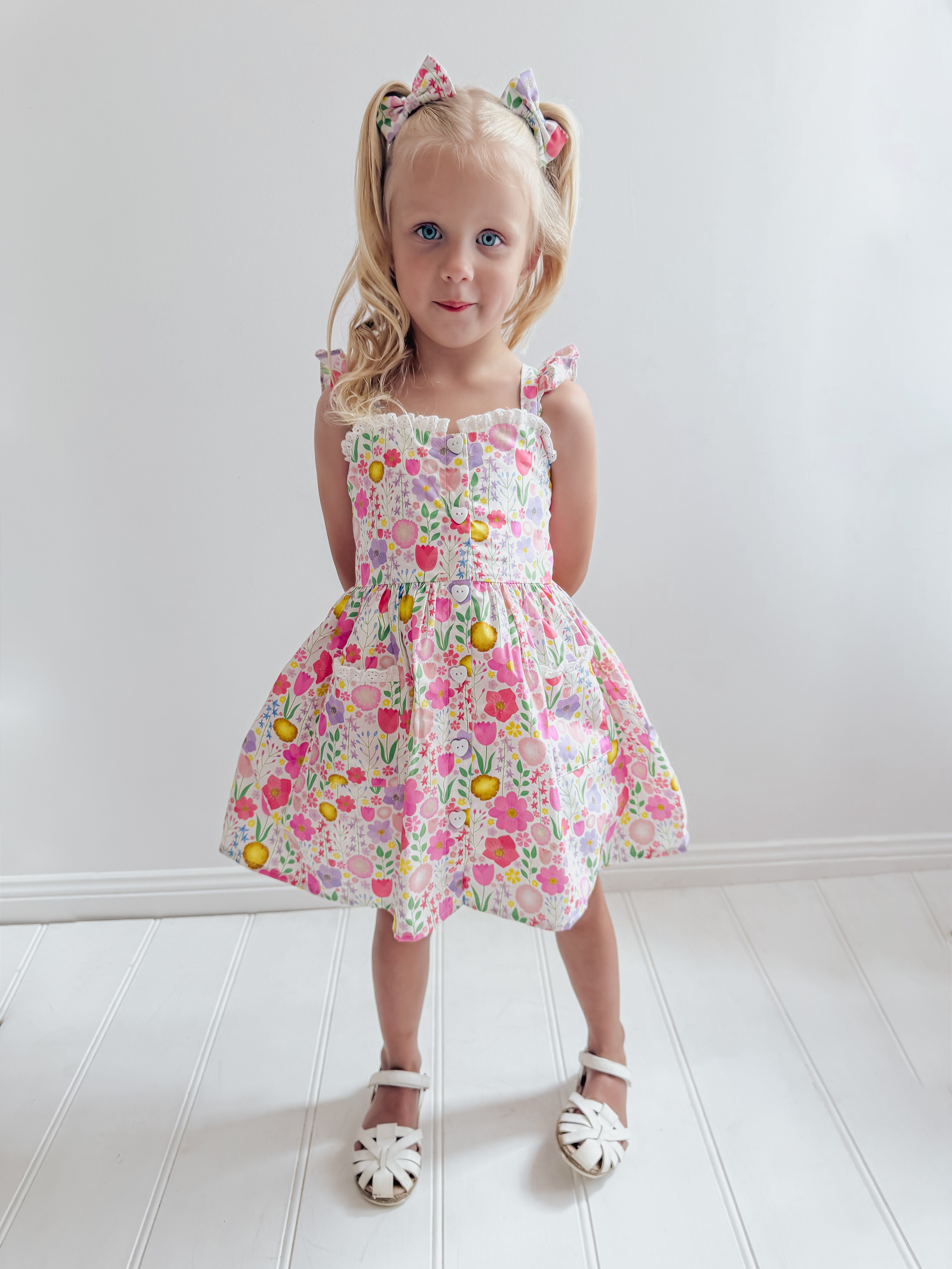 Flower Fields Girls Pink Floral Dress – Bright Floral Print & Lace