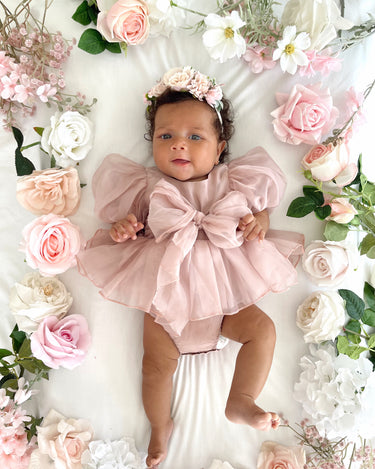 Clementine Matte Blush Rose Pink Organza Baby Girl Romper
