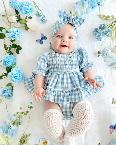 infant blue gingham dress Ella Blue Gingham Baby Girl Dress Romper