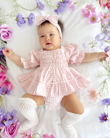 baby pink gingham dress BLC C Dress Gingham Pink Eyelet Fits 20" & Newborn