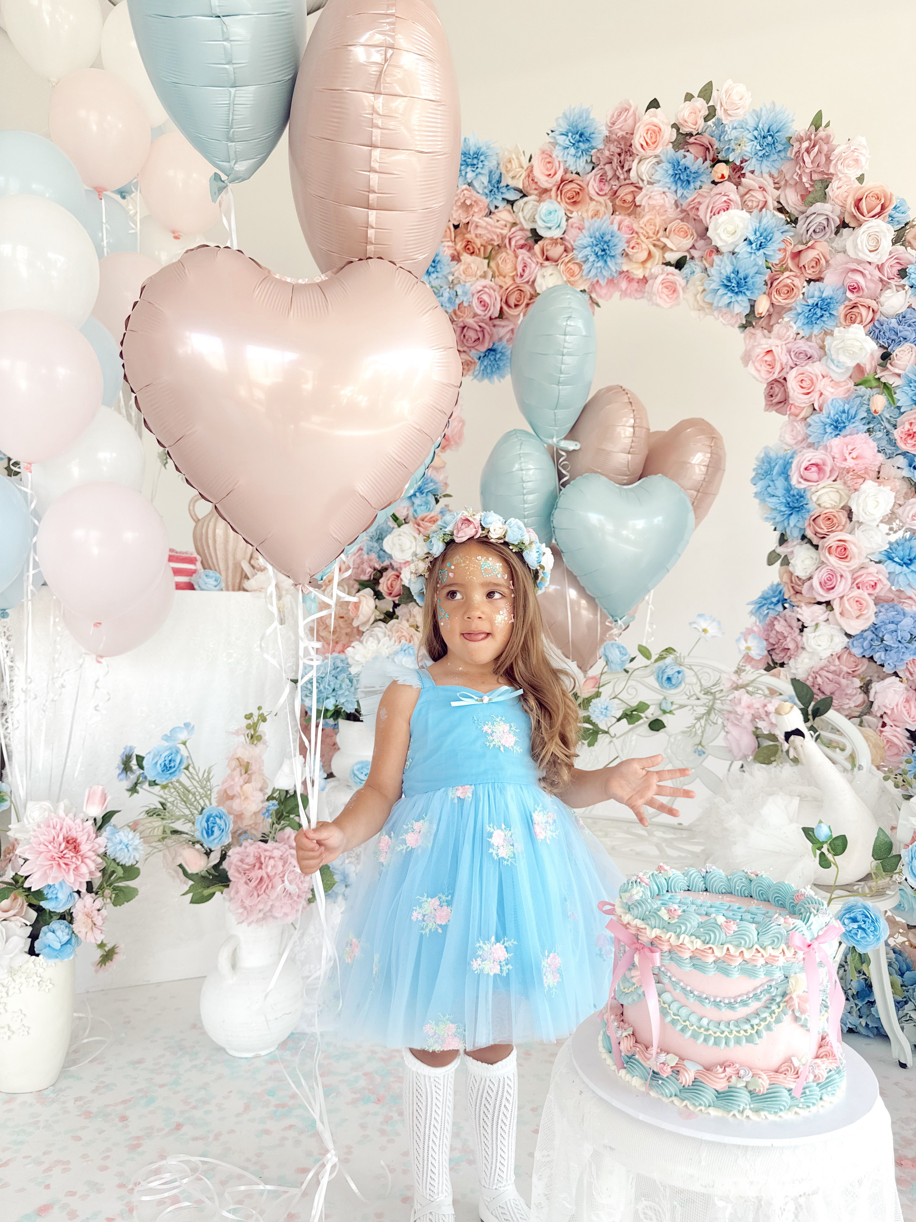 Bluebell Girls Blue Tulle Flower Party Dress – Floral Embroidery