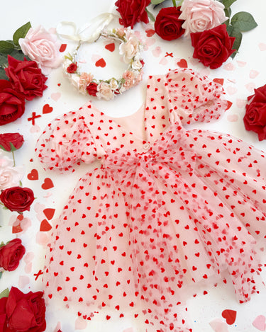 red dress with pink hearts Unique Vintage Plus Size 1950s Red & Pink Heart Convertible Sweetheart