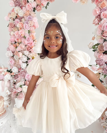 Alette Cream Girls Party Dress – Matte Organza & Puffed Sleeves – Arabella & Rose
