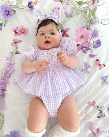 Evie Lou Baby Girl Purple Gingham Romper