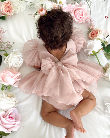 Clementine Matte Blush Rose Pink Organza Baby Girl Romper