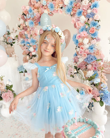 Bluebell Girls Blue Tulle Flower Party Dress – Floral Embroidery