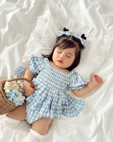 Ella Blue Gingham Baby Girl Dress Romper - Luxe Girls Clothes Arabella & Rose Ella Blue Gingham Baby Girl Dress Romper - Luxe Girls Clothes Arabella & Rose
