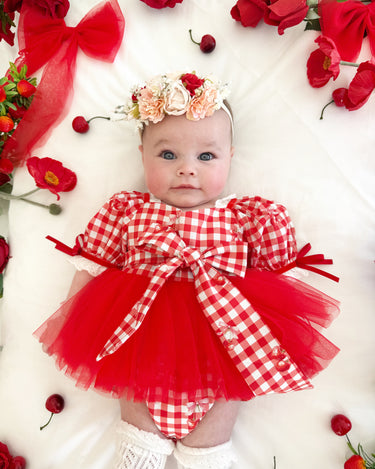 Cherry Lane Red Baby Girl Gingham Romper – Special Occasion Wear