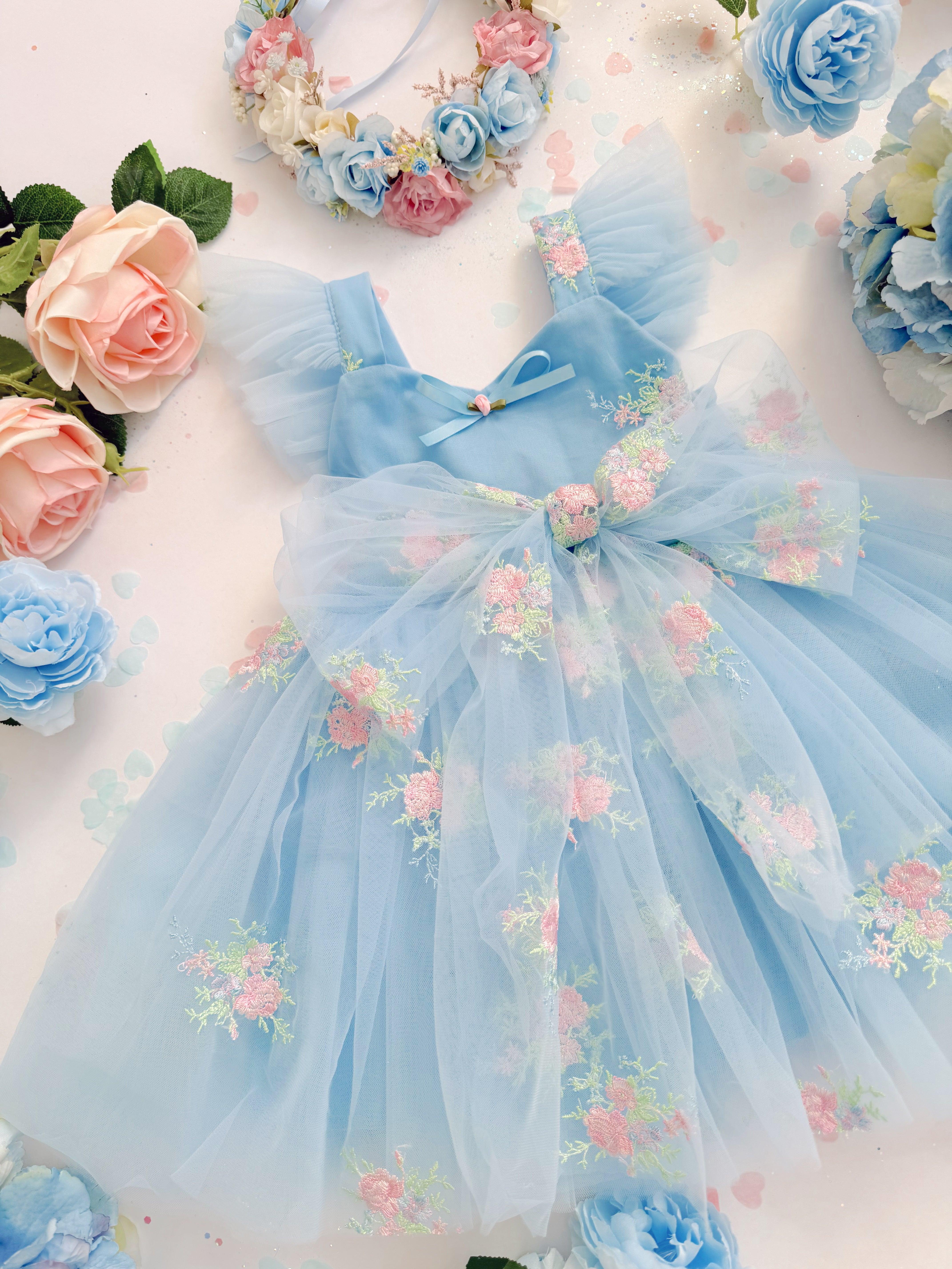 Bluebell Girls Blue Tulle Flower Party Dress – Floral Embroidery
