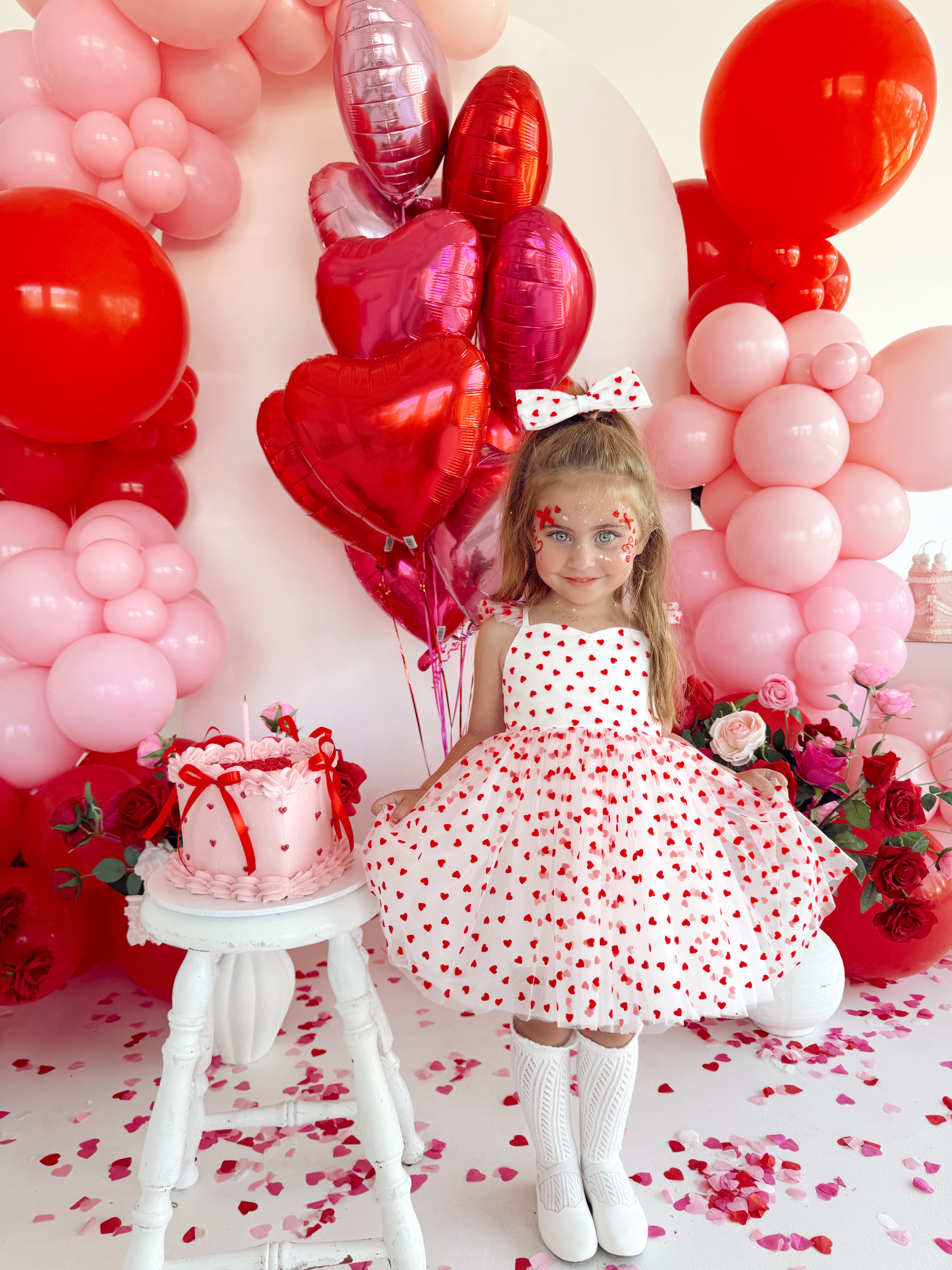 Be Mine White Heart Girls Party Dress – Red Hearts & Bow-Back Detail