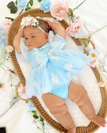 Afina Blue Baby Girl Tulle Dress Romper – Special Occasion with Embroidery & Reversible Bow – Arabella & Rose