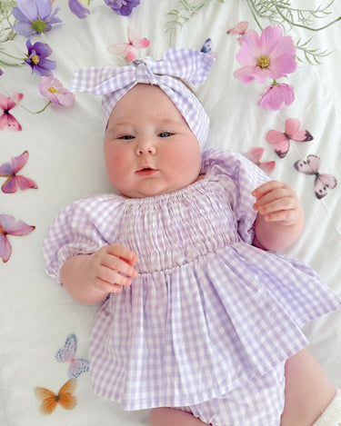 Evie Lou Baby Girl Purple Gingham Romper