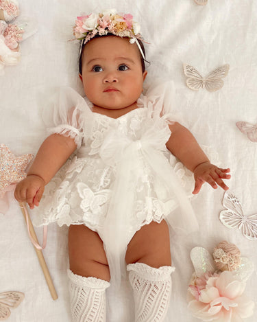 White Butterfly Kisses Baby Girls Emroidered Tulle Dress Romper