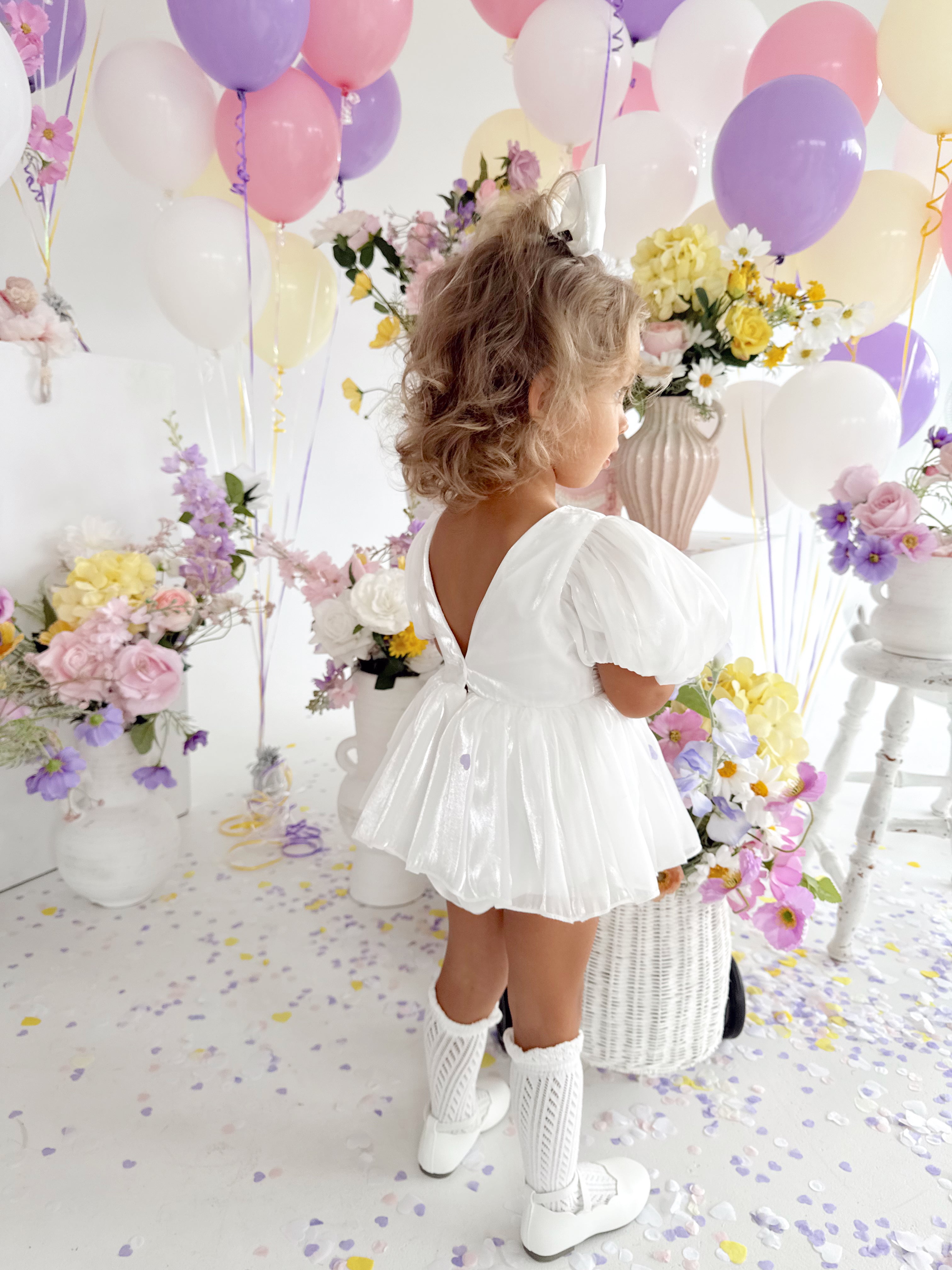 Dolly Baby Girl White Dress Romper – Puffed Sleeves & Organza Tulle