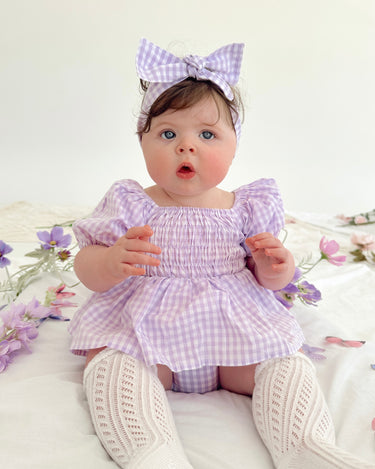 Evie Lou Baby Girl Purple Gingham Romper