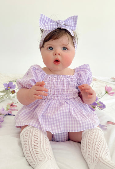 Evie Lou Baby Girl Purple Gingham Romper