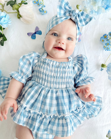 Ella Blue Gingham Baby Girl Dress Romper - Luxe Girls Clothes 1 Ella Blue Gingham Baby Girl Dress Romper - Luxe Girls Clothes 1