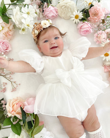 Clementine Matte White Organza Baby Girl Romper