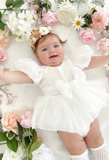 Clementine Matte White Organza Baby Girl Romper
