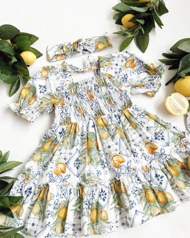 Amalfi Girls Floral White Dress – Lightweight Cotton Lemon Print