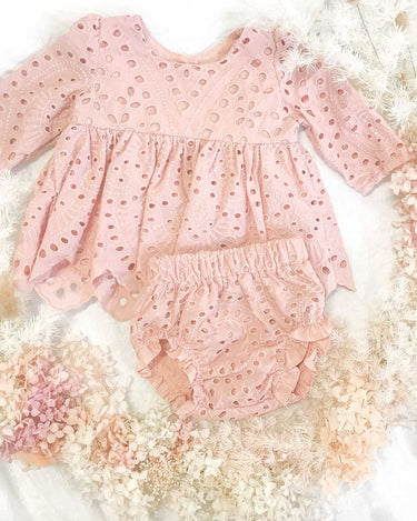 Baby Girls Dusty Rose Ivy Broderie Anglaise Two Piece Set Flat Lay
