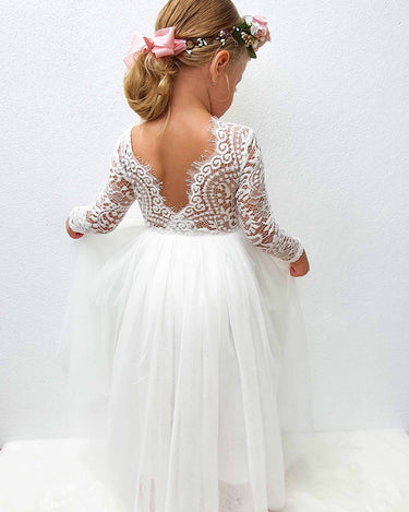 girls long white dress Round Neck Satin Sleeves Flower Girl Dresses With Bowknot made to match the dreams of an active young girl White Princess Sequined Dress with