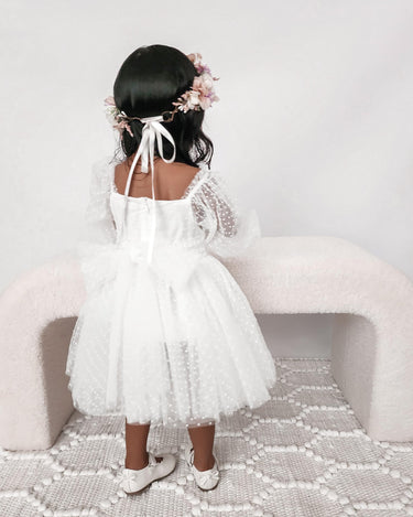 Swiss Dot Rosebud White Flower Girl Dress