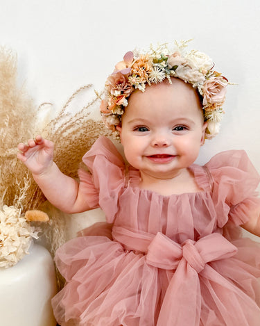 Dusty Rose Flower Fairy Baby Girl Pink Tulle Dress Romper