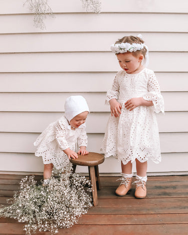 White Ivy 2 Piece Set and the White Elizabeth Broderie Anglaise Dress